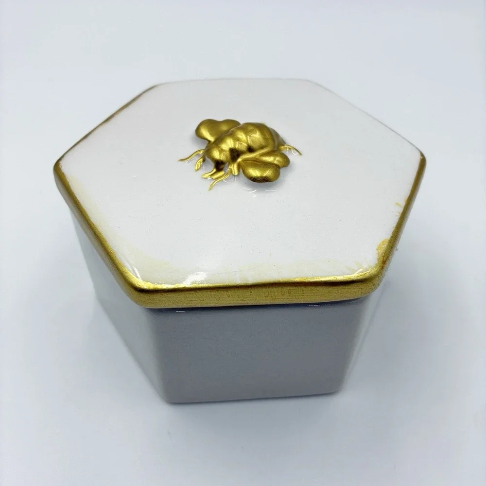 White Gold Trinket Jewelry Vanity Holder Box With Bee Hand Painted Octagon Shape